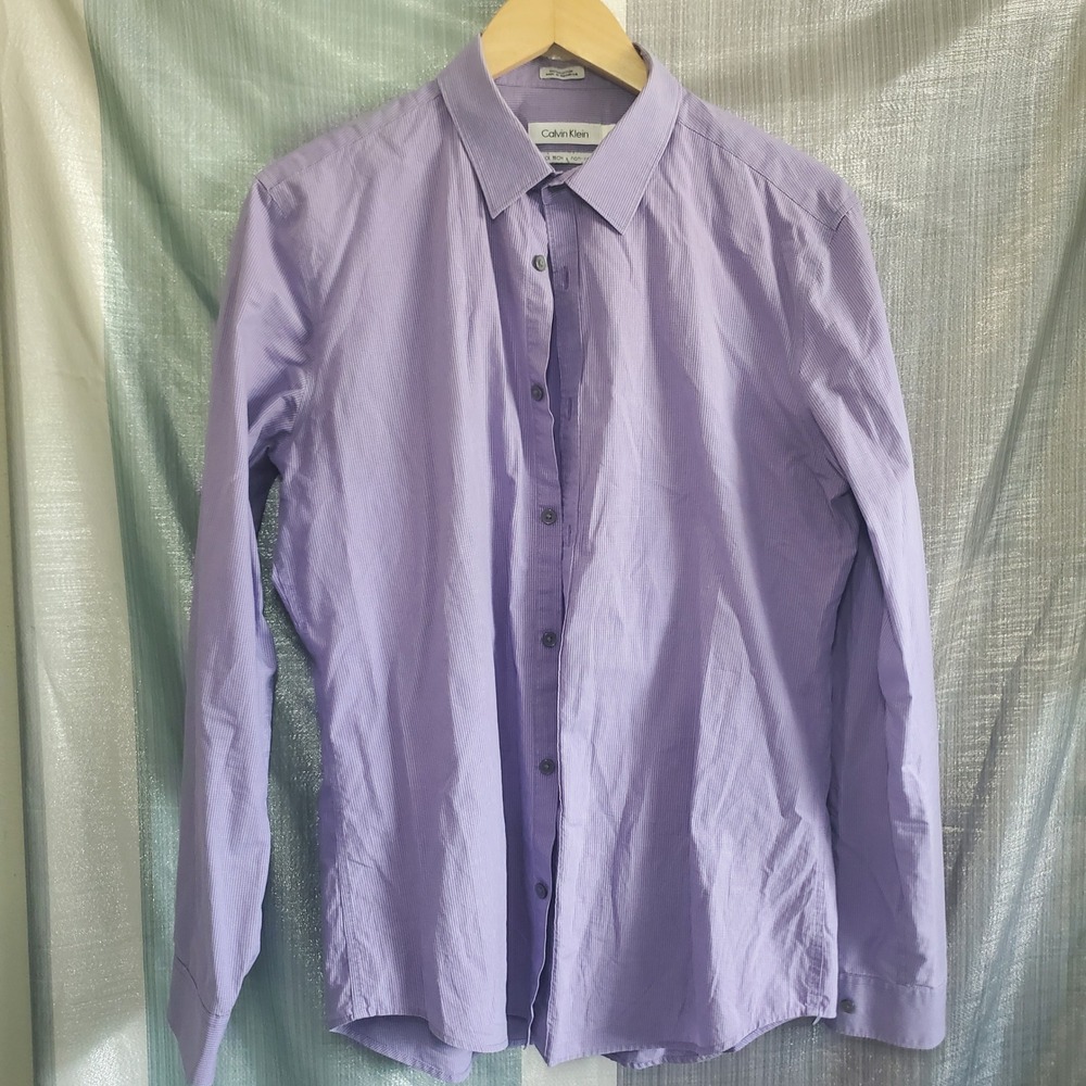 Calvin Klein Mens Cool Tech Non-Iron Dress‎ Shirt Purple Micro Check Cotton L